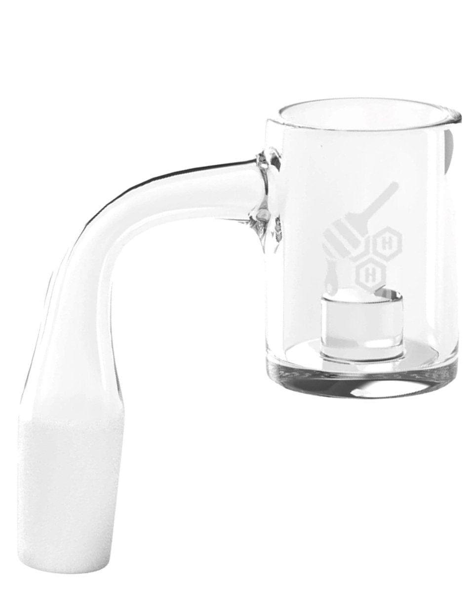 A close-up, angled view of the Core Reactor Quartz Banger - 90° featuring a yellow line detail on the quartz material.