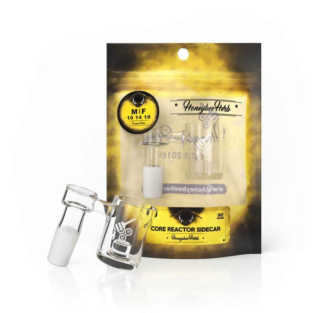 A studio shot of the Core Reactor Sidecar Quartz Banger – 90°, showing its yellow line detail and reflective surface.
