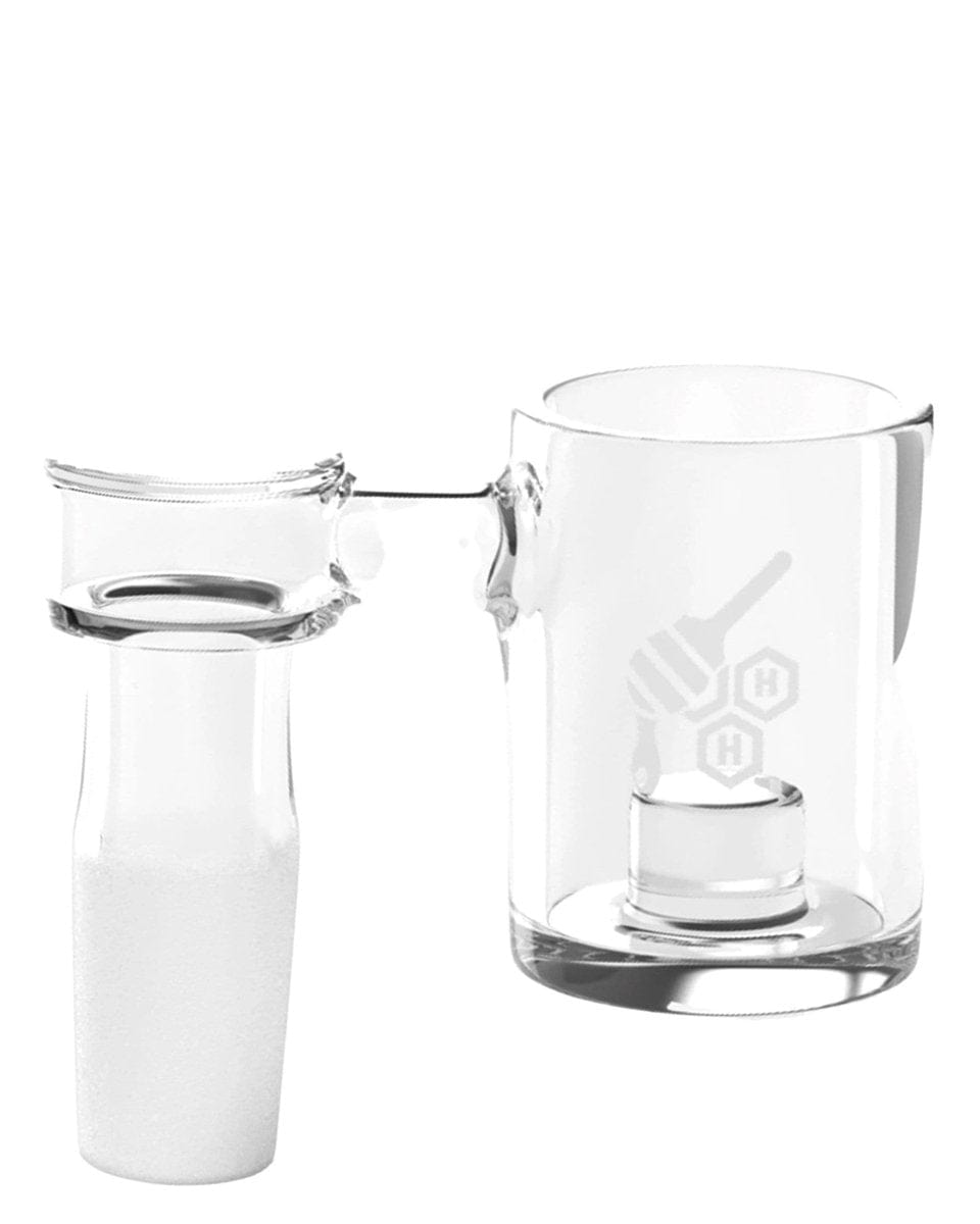 A three-quarter view of the Core Reactor Sidecar Quartz Banger – 90° with a yellow line accent, presented against a plain white background.