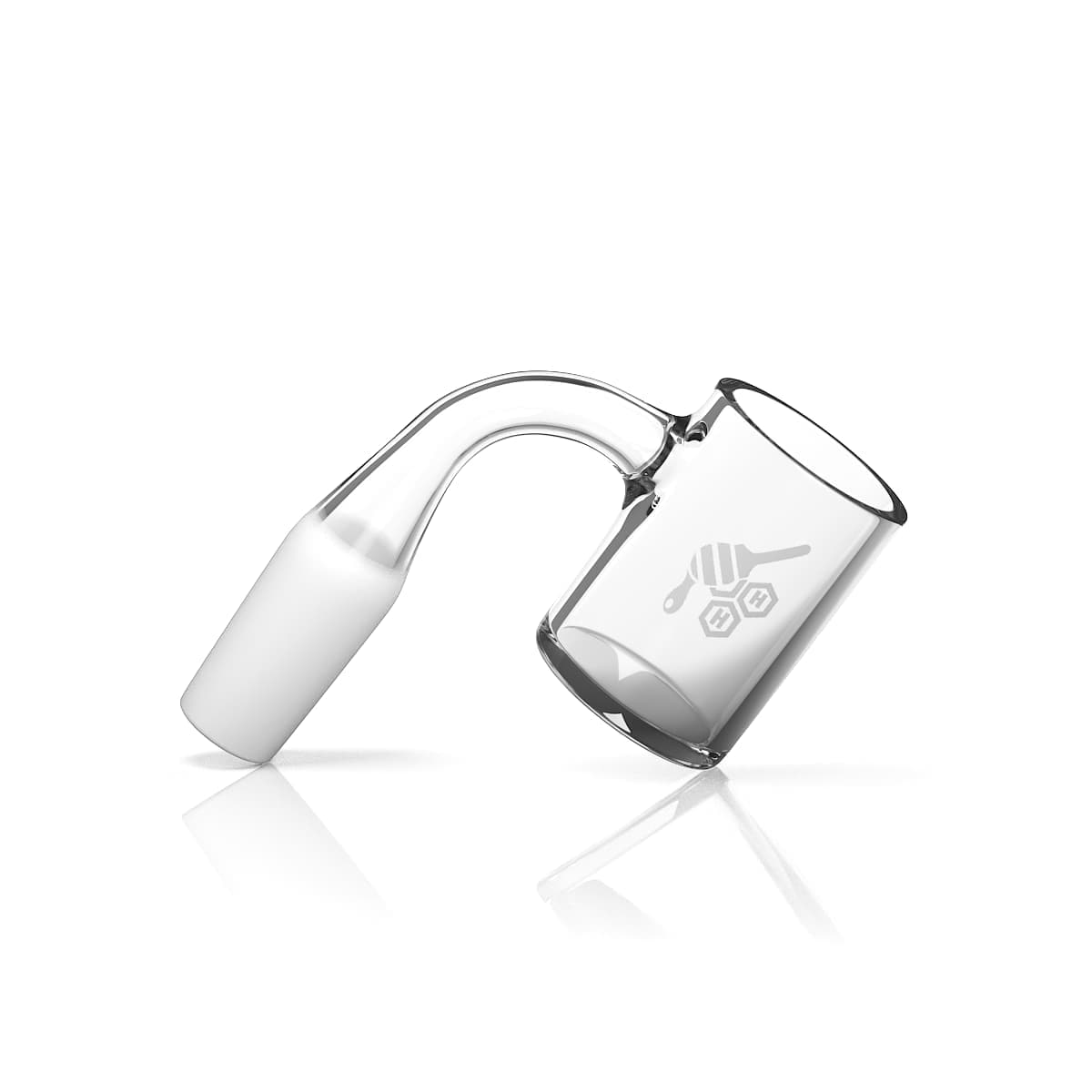 A tilted, close-up view of the Flat Top Original Quartz Banger - 90° featuring a yellow line, reflecting off a glossy surface.