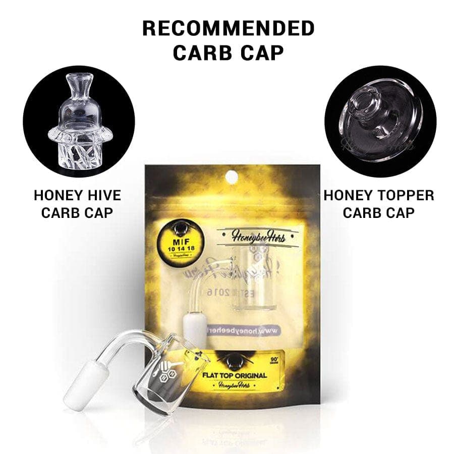 Front view of the Flat Top Original Quartz Banger with a yellow line, angled at 90°, showcasing its reflective surface.