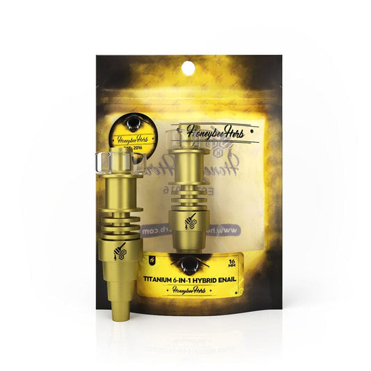 Front view of the Honeybee Herb Titanium 6-in-1 Hybrid Dab Enail, showing its metallic finish and intricate joint details.