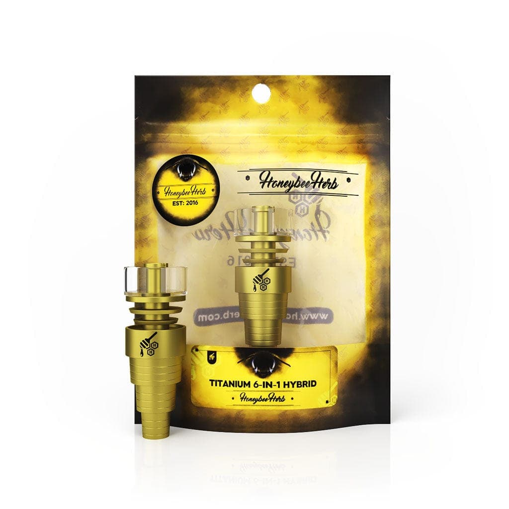 A close-up, angled view of the Honeybee Herb Titanium 6-in-1 Hybrid Dab Nail, showcasing its metallic finish and complex structure.