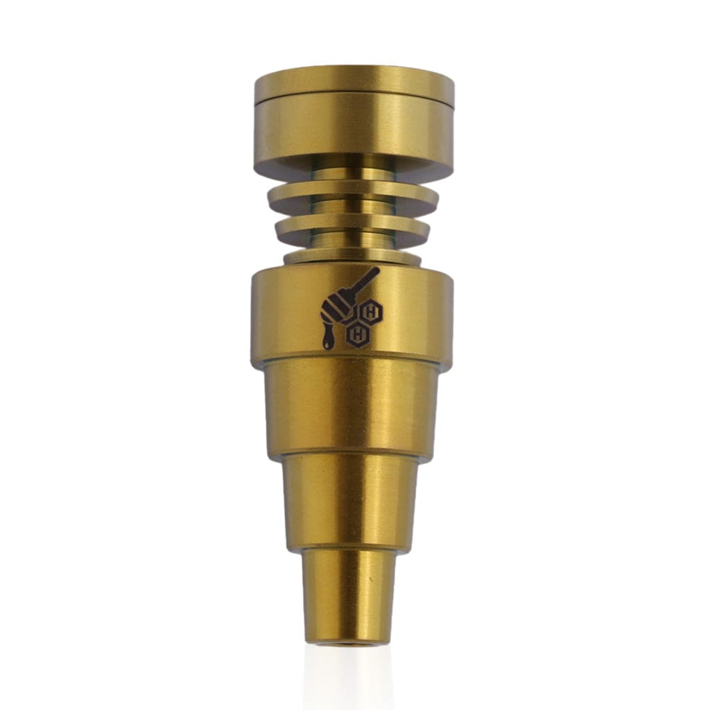 Front view of the Titanium 6 in 1 Skillet Dab Nail, a metallic, multi-tiered component against a plain white background.