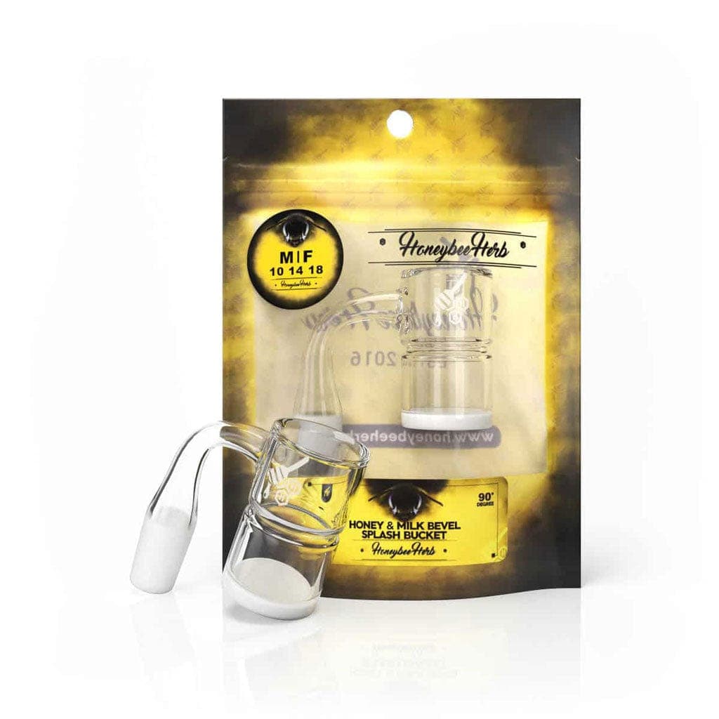 A front-angle shot of the Honey & Milk Bevel Splash Bucket Quartz Banger - 90° | Yellow Line resting against its yellow branded backing, lit from above.