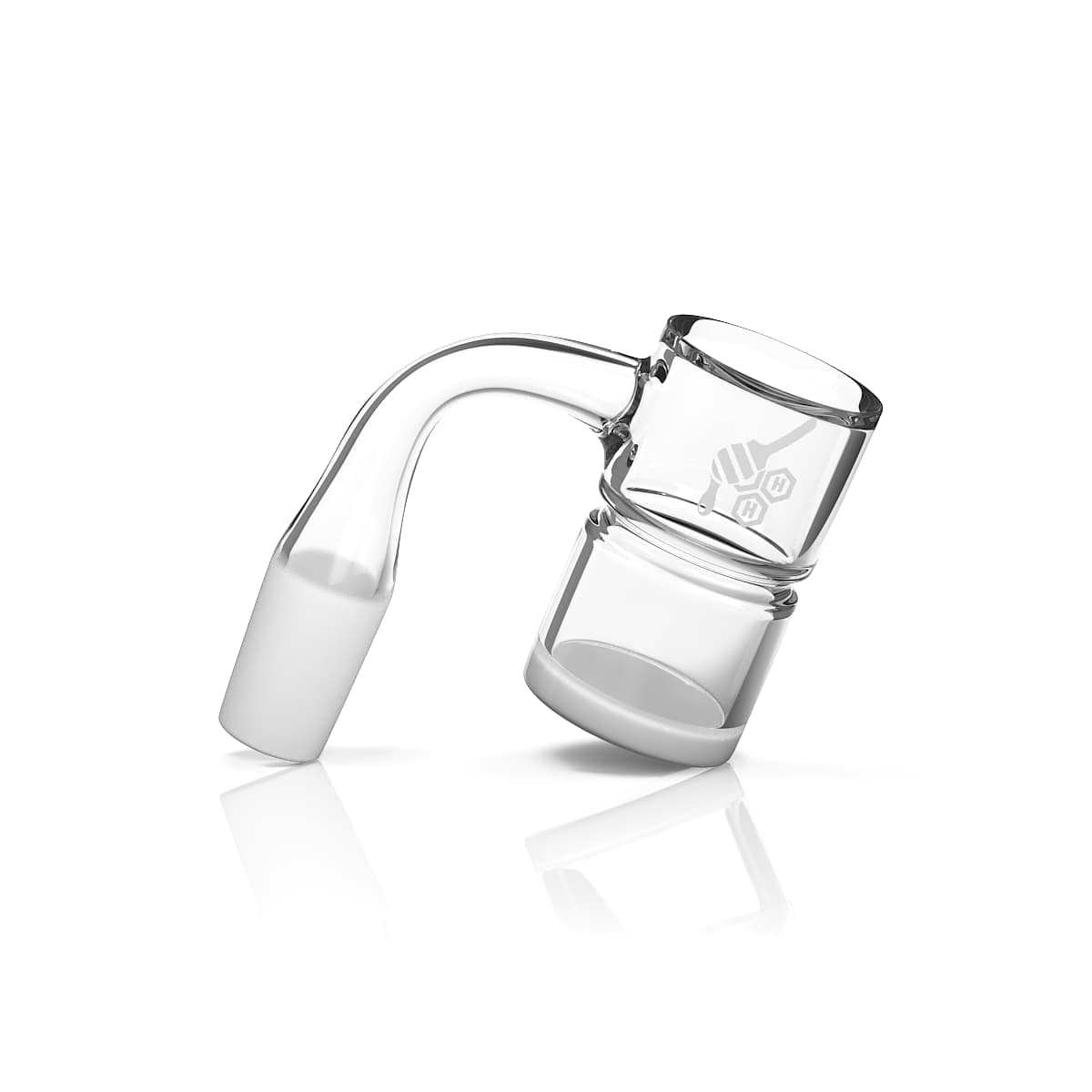 Angled close-up of the Honey & Milk Bevel Splash Bucket Quartz Banger - 90° | Yellow Line showing the clear 90-degree joint and two-tiered bucket with subtle logo and soft reflections.