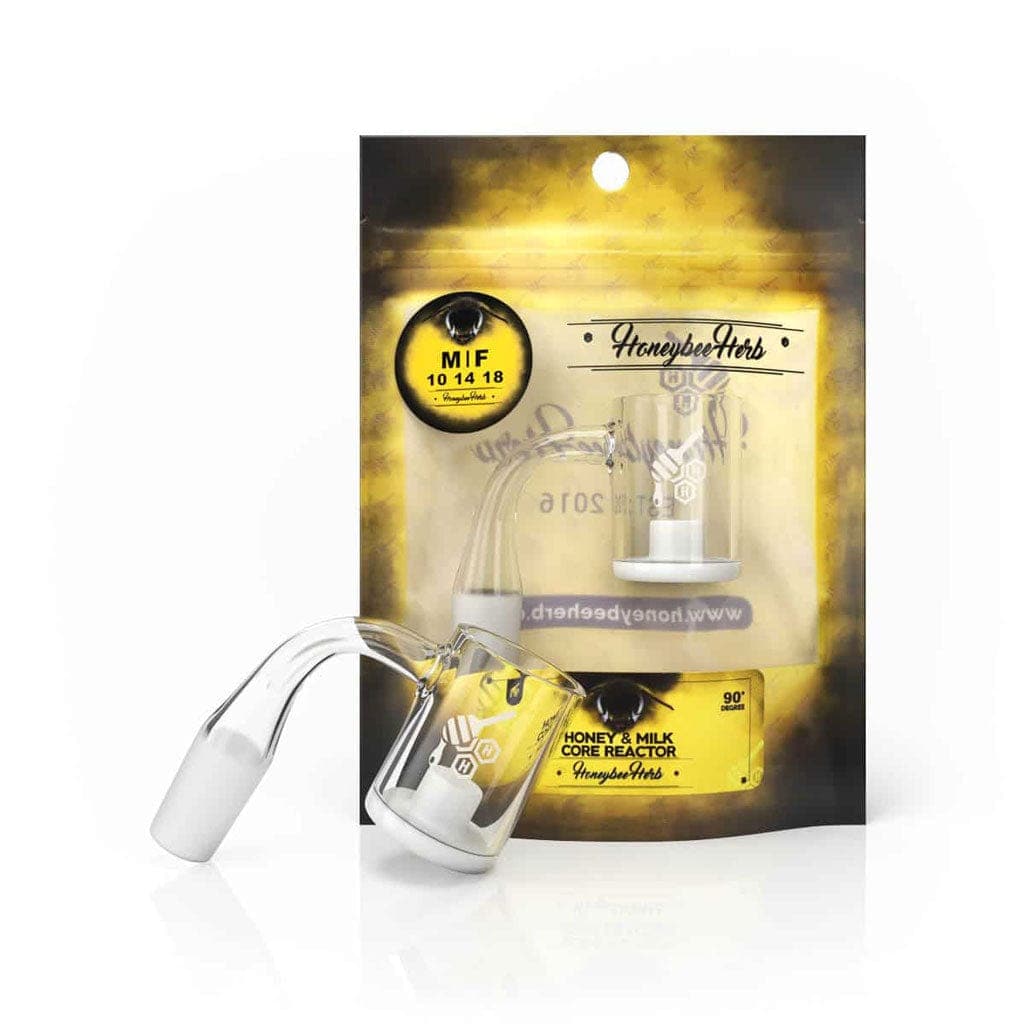 Front view of the Honey & Milk Core Reactor Quartz Banger with a yellow line, angled against a dark background.