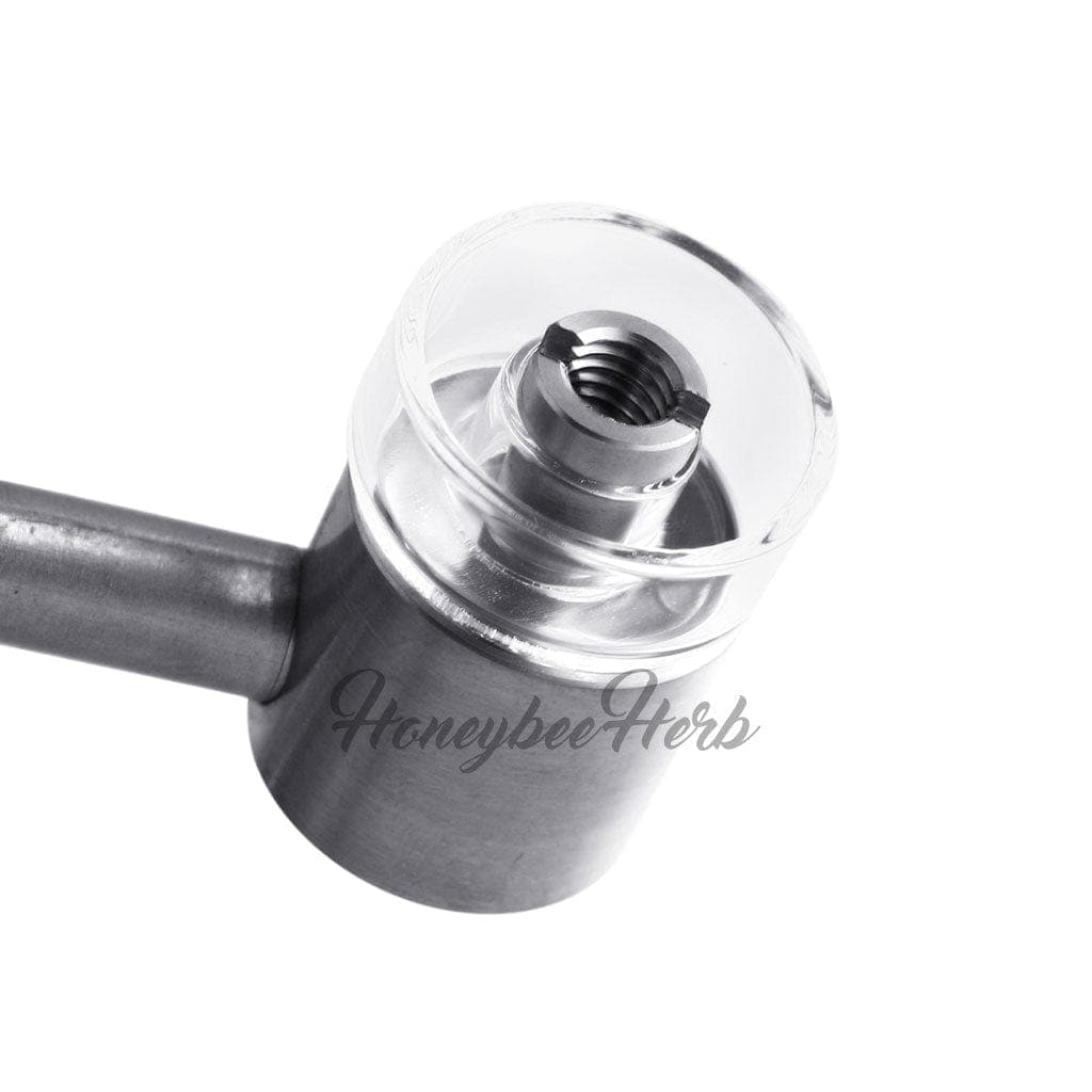 A close-up, angled view of the Honeybee Herb Titanium 4-in-1 Sidecar Hybrid Banger, showcasing its metallic interior and clear glass exterior.