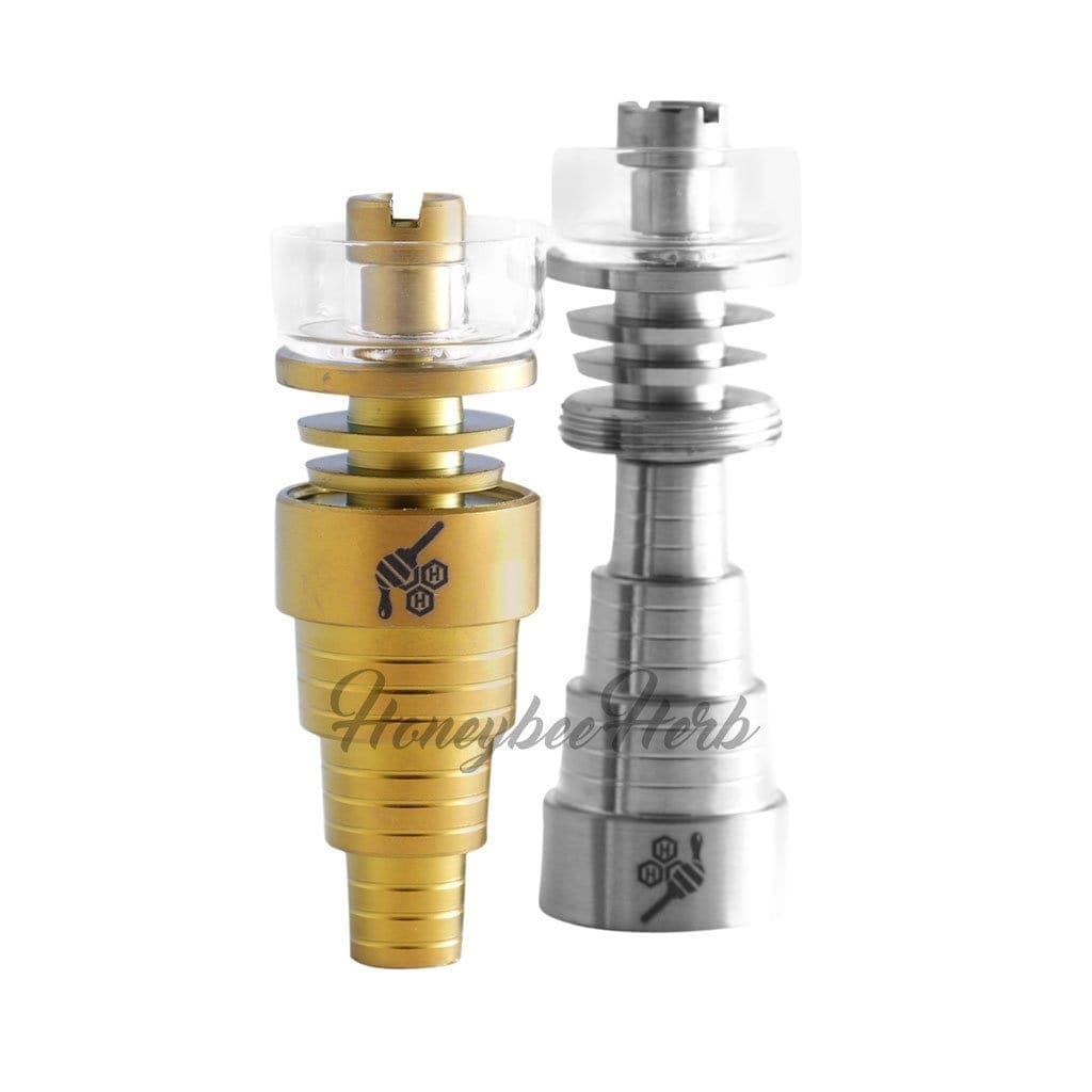 A close-up, angled view of the Honeybee Herb Titanium 6-in-1 Hybrid Dab Nail, showcasing its metallic finish and intricate design.