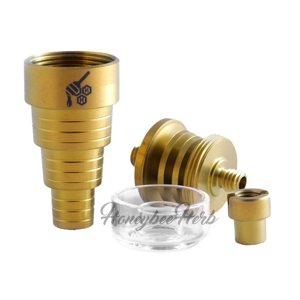 A close-up, angled view of the Honeybee Herb Titanium 6-in-1 Hybrid Dab Nail, showcasing its metallic finish and detailed construction.