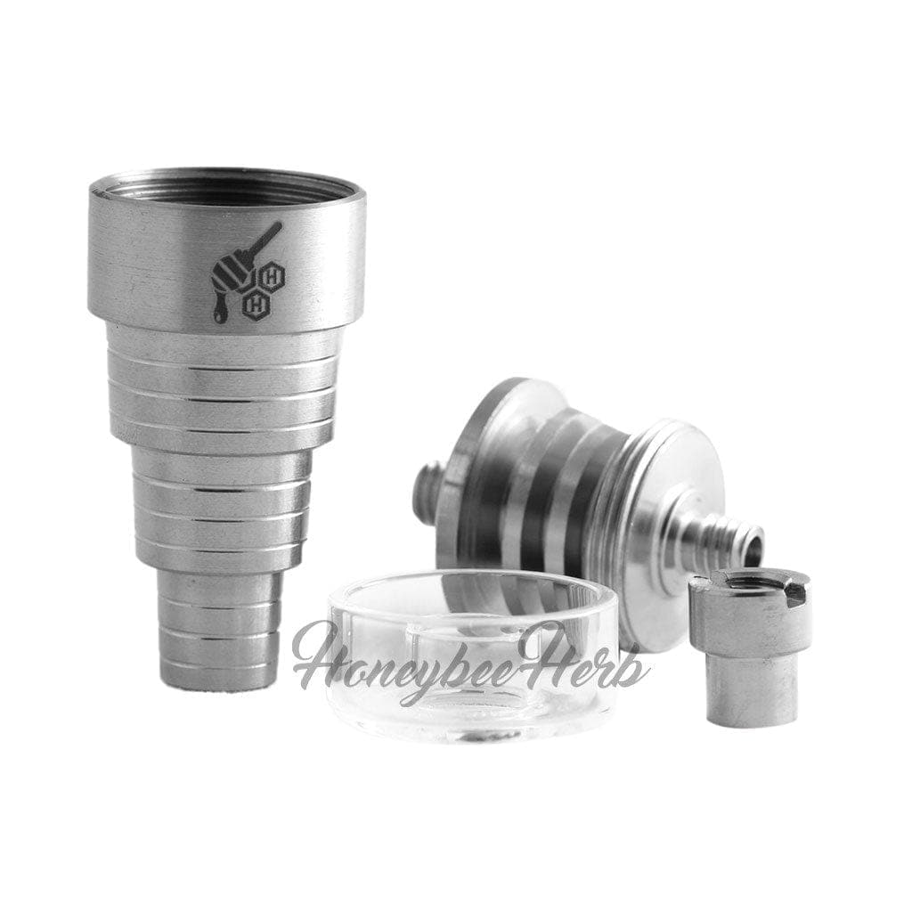 A close-up, angled view of the Honeybee Herb Titanium 6-in-1 Hybrid Dab Nail, showcasing its multi-tiered metallic structure.