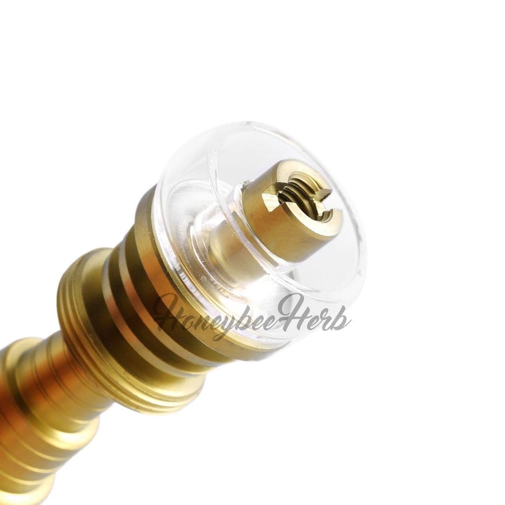 Close-up of the Honeybee Herb Titanium 6-in-1 Hybrid Dab Nail, showing its metallic threading and internal bowl detail.