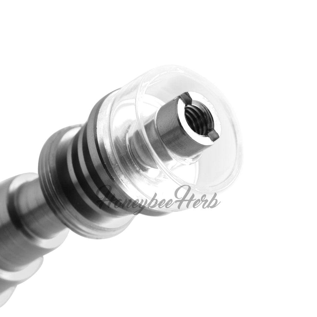 Close-up view of the Honeybee Herb Titanium 6-in-1 Hybrid Dab Nail, showing its metallic texture and intricate internal structure.