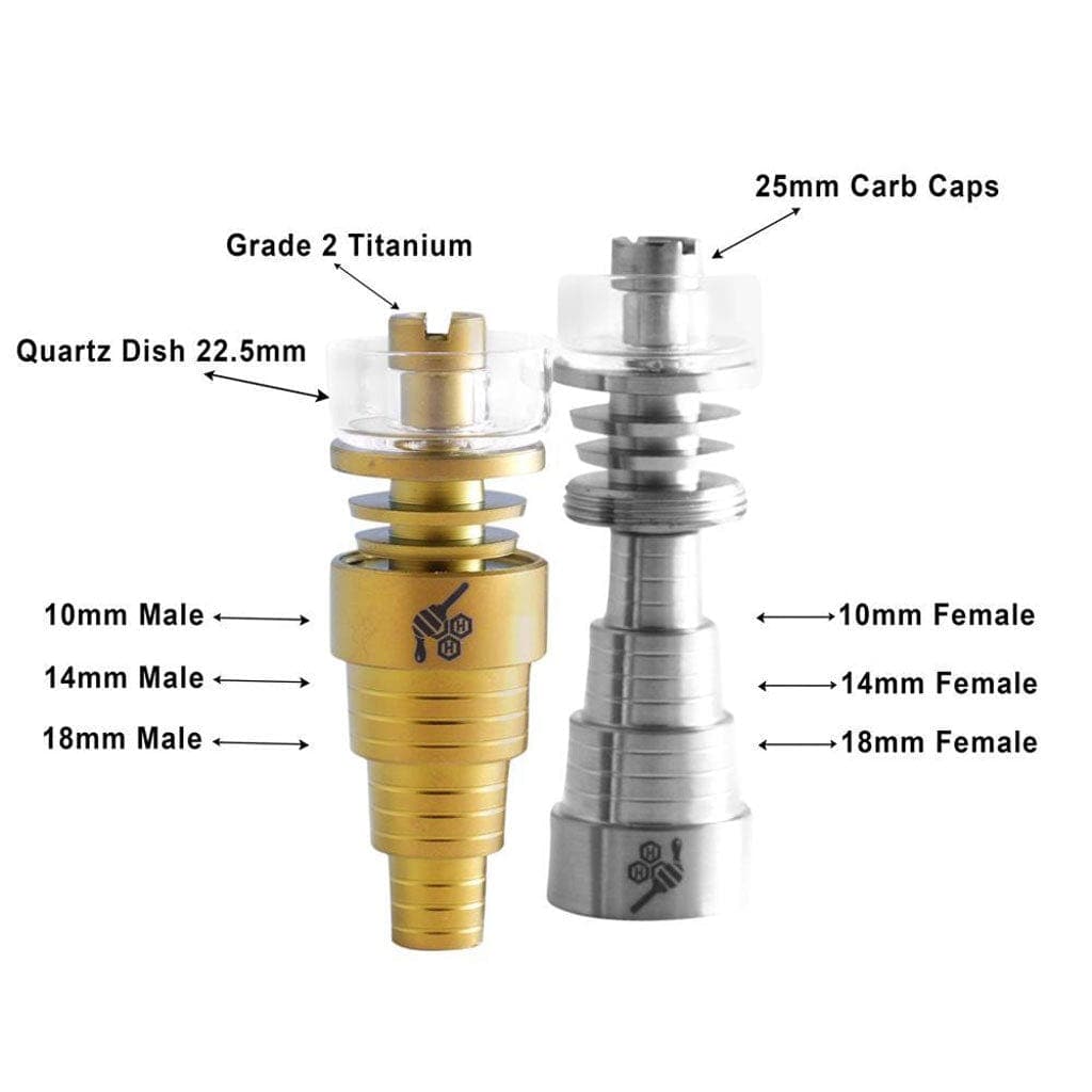 A close-up, angled view of the Honeybee Herb Titanium 6-in-1 Hybrid Dab Nail, showing its metallic structure and multiple ports.