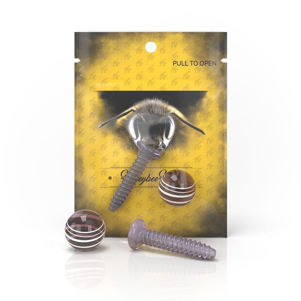 A close-up shows the Honeybee Herb Dab Screw Set, with a metallic screw partially emerging from branded packaging.