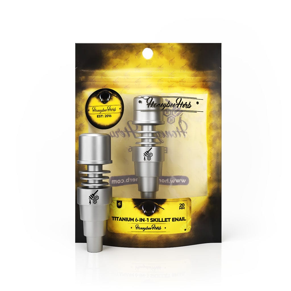 Front view of the Titanium 6 in 1 Skillet Enail Dab Nail, showcasing its metallic finish and compact design.