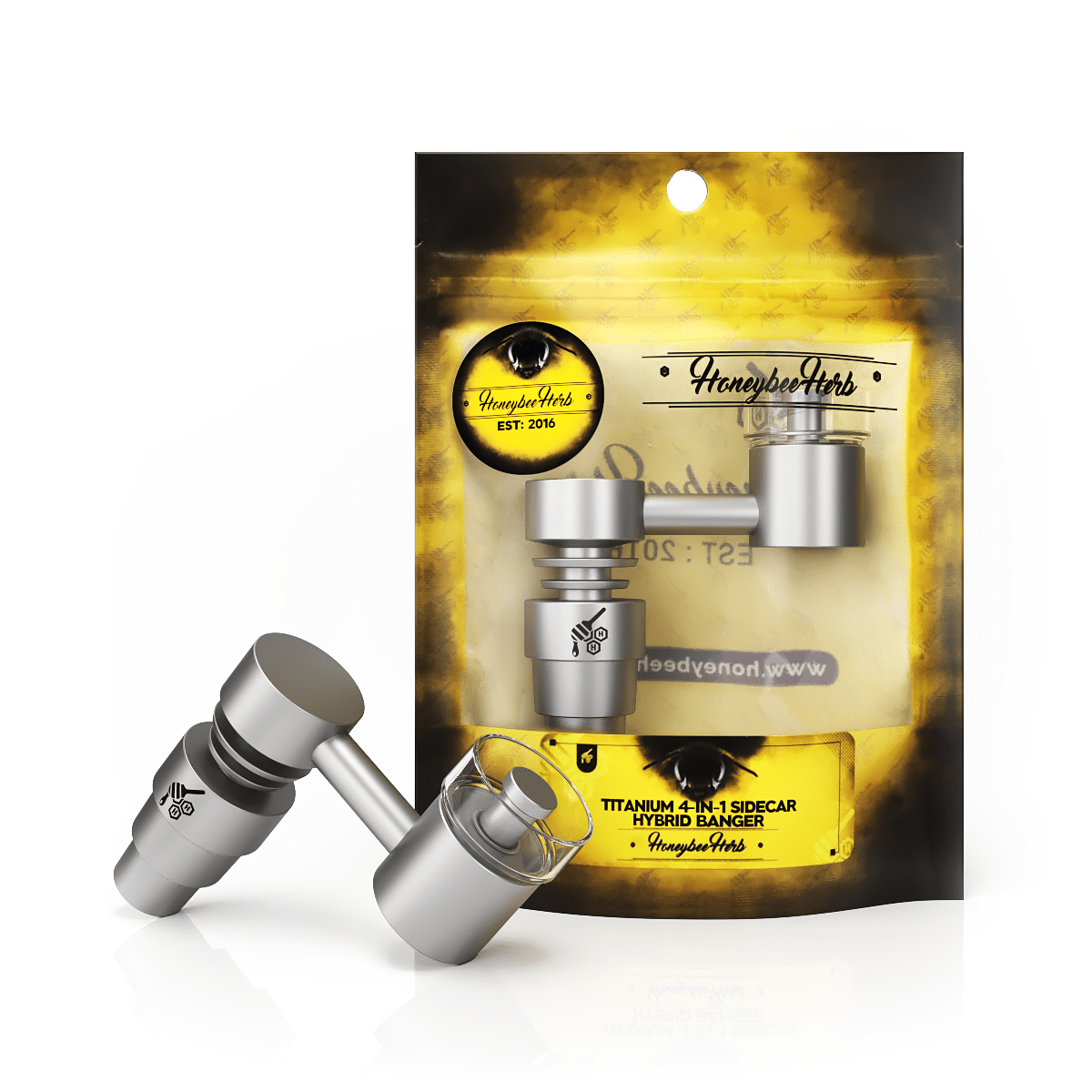 Front view of the Honeybee Herb Titanium 4-in-1 Sidecar Hybrid Banger, with branding visible on the cylindrical glass container.