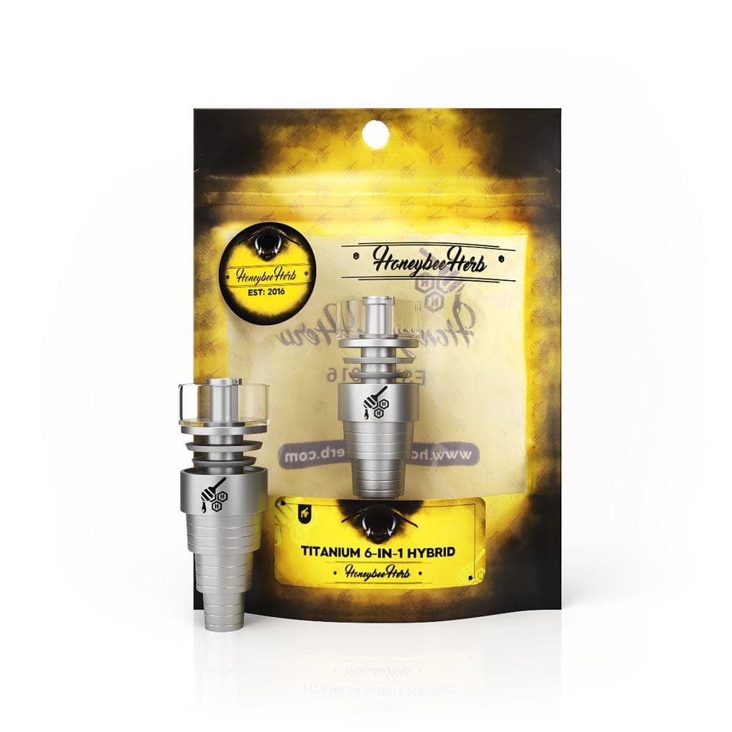 A close-up, angled view of the Honeybee Herb Titanium 6-in-1 Hybrid Dab Nail, showcasing its metallic sheen and intricate design.