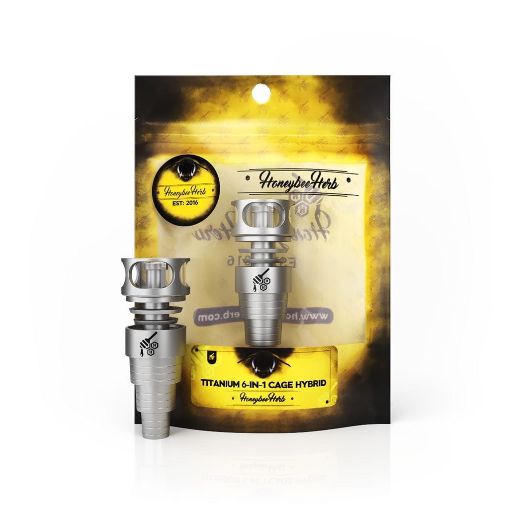Close-up shot of the Titanium 6 in 1 Cage Hybrid Dab Nail, showcasing its metallic construction and intricate cage design.