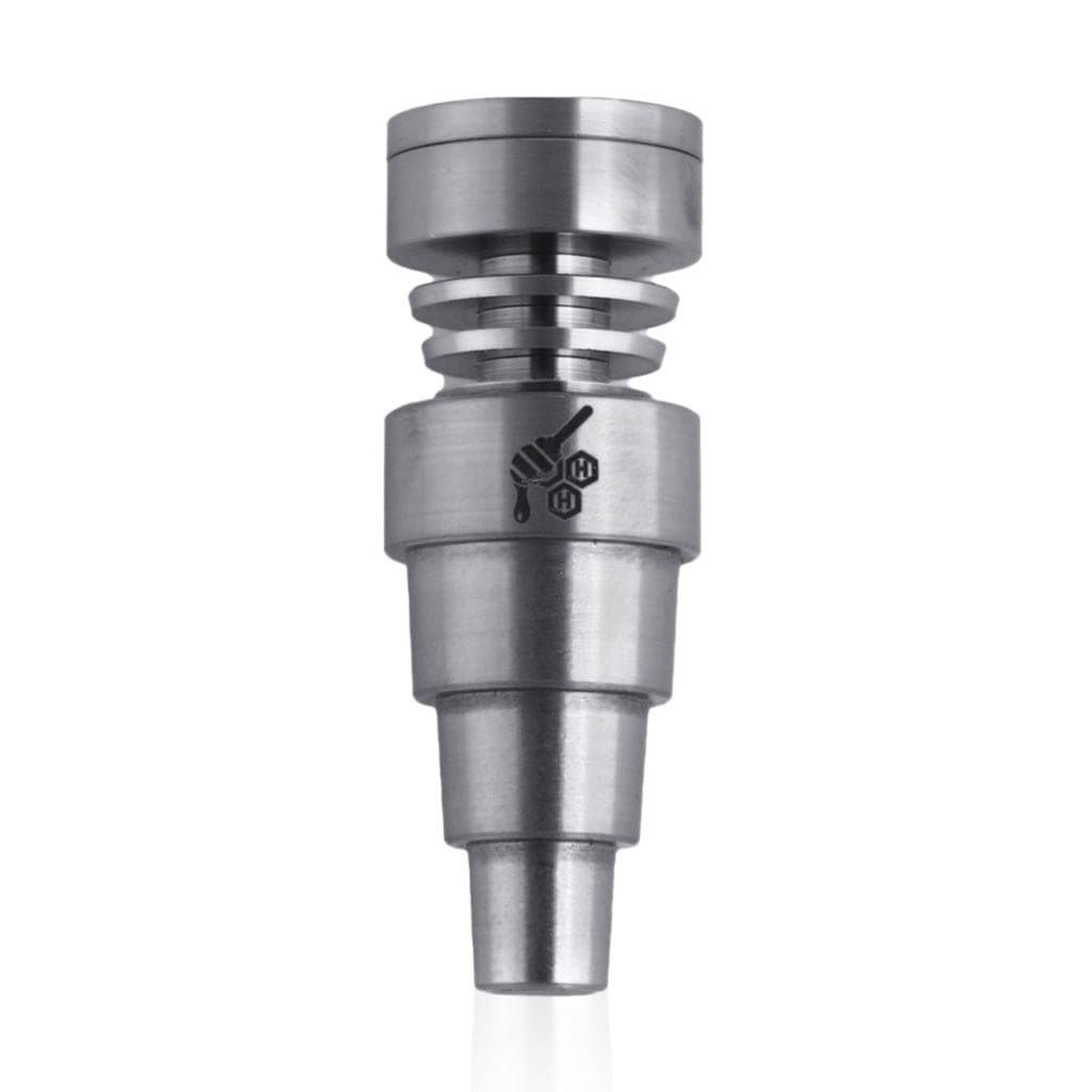 A close-up, angled view of the Titanium 6 in 1 Skillet Dab Nail, showcasing its metallic, multi-tiered construction.