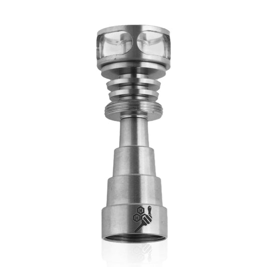 A studio shot of the Titanium 6 in 1 Cage Hybrid Dab Nail, showing its polished, silver-toned metal construction from a low angle.