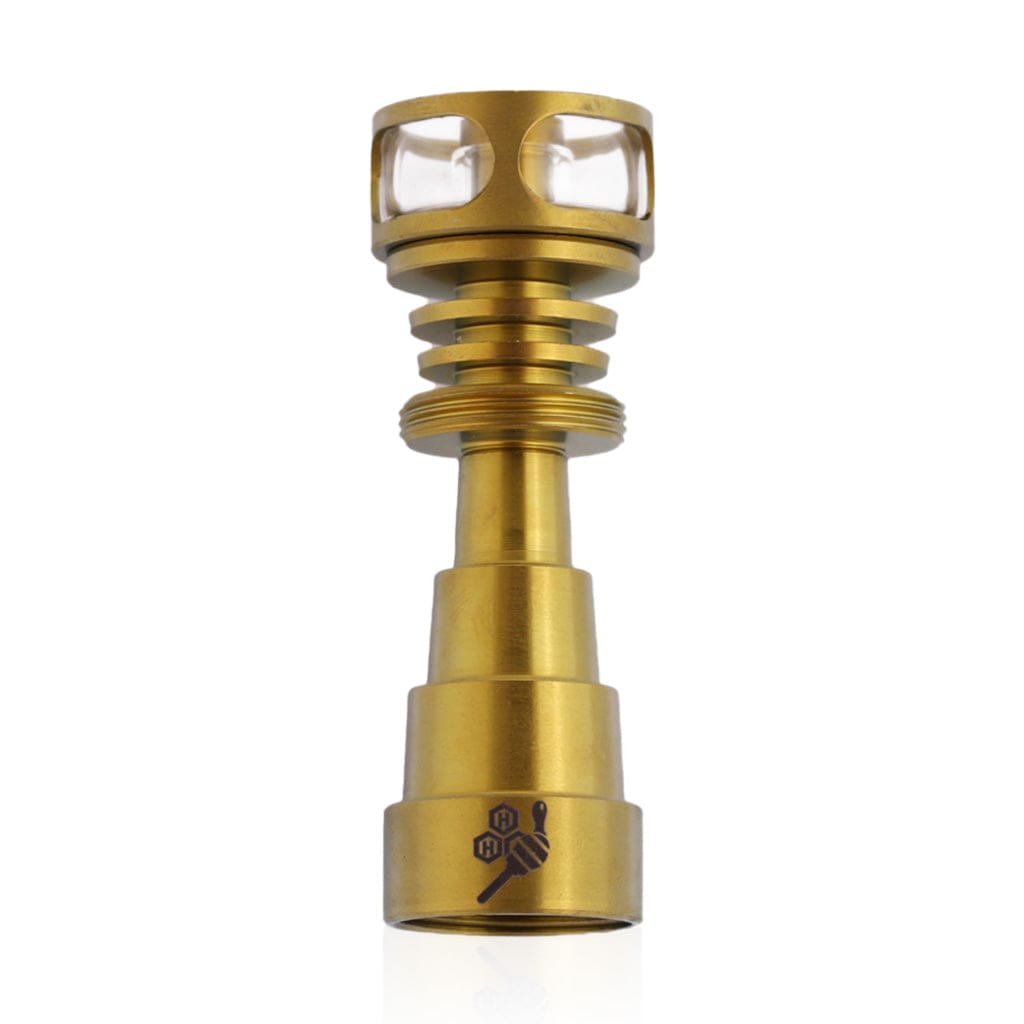 Front view of the Titanium 6 in 1 Cage Hybrid Dab Nail, displaying a golden metallic cage structure.