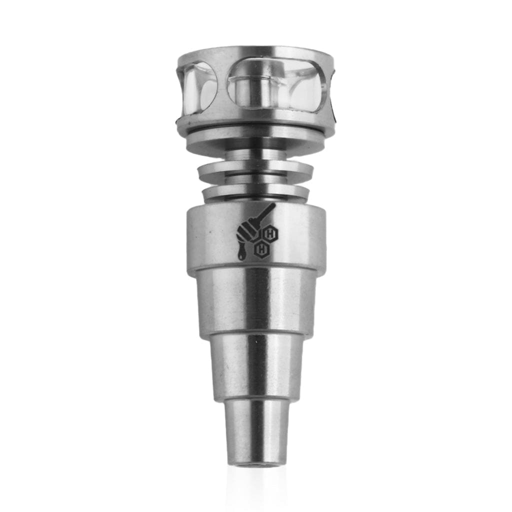 A close-up, angled view of the Titanium 6 in 1 Cage Hybrid Dab Nail, showing its metallic, caged structure.