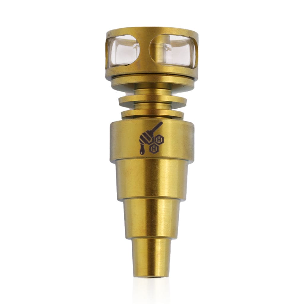 Close-up of the Titanium 6 in 1 Cage Hybrid Dab Nail, angled to showcase its metallic structure and cage-like design.