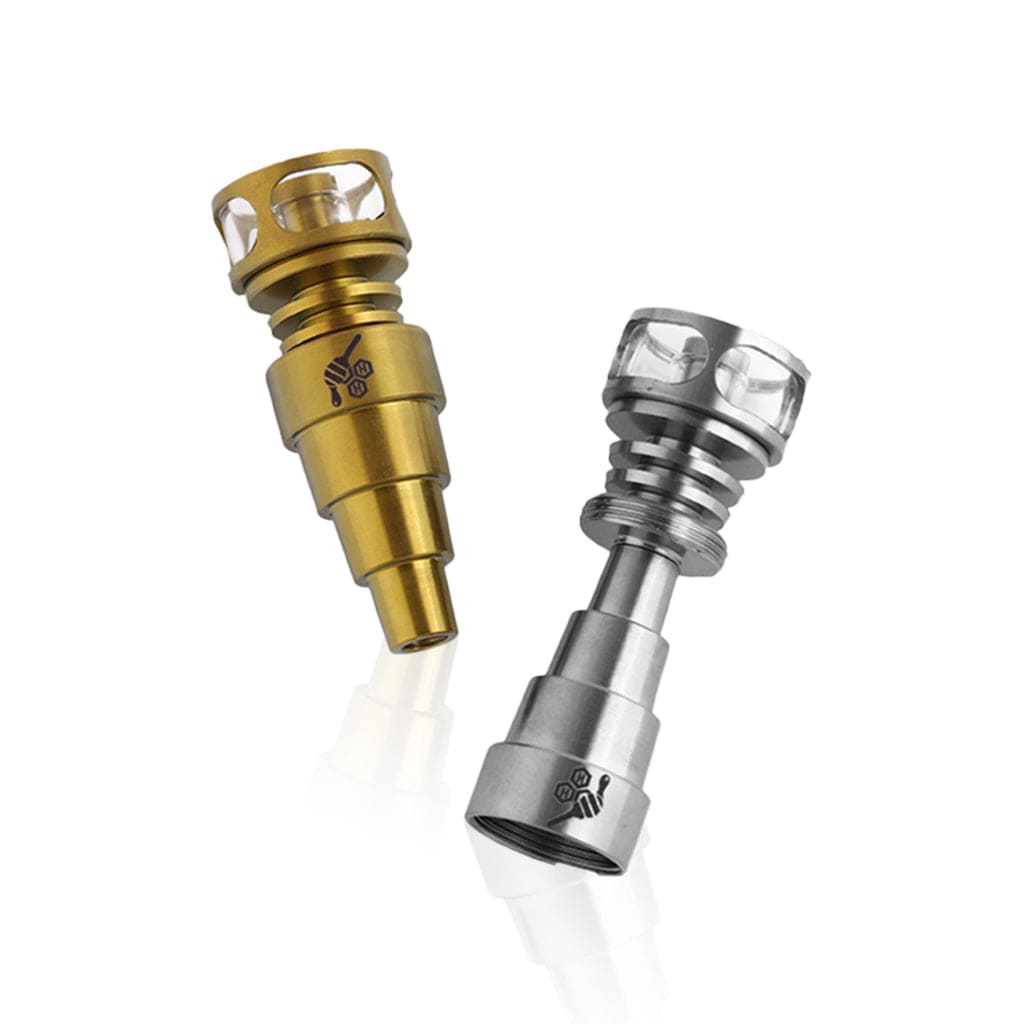 Close-up of the Titanium 6 in 1 Cage Hybrid Dab Nail with a gold finish, angled against a plain white background.