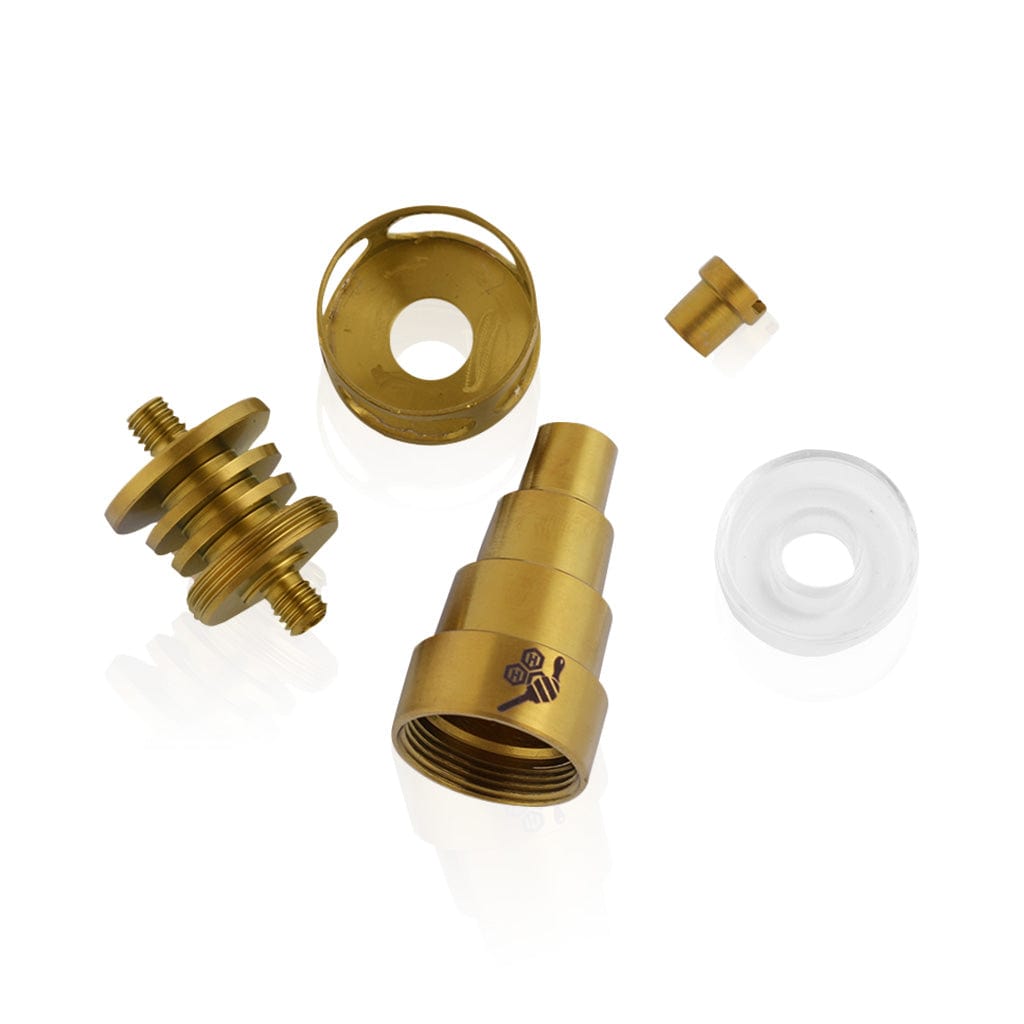 A disassembled Titanium 6 in 1 Cage Hybrid Dab Nail displayed from a slightly elevated angle against a plain white background.