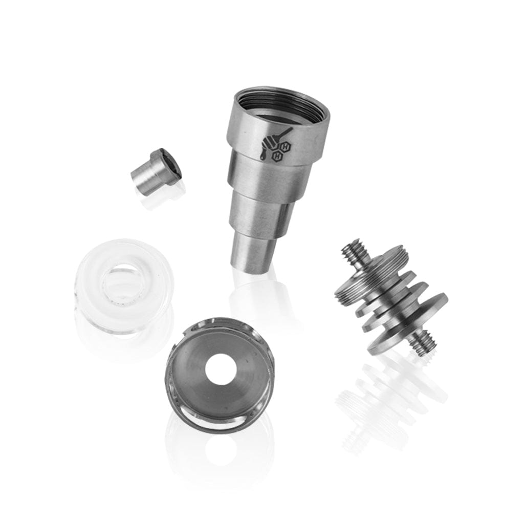 A disassembled view of the Titanium 6 in 1 Cage Hybrid Dab Nail, showing its metallic components arranged on a white surface.