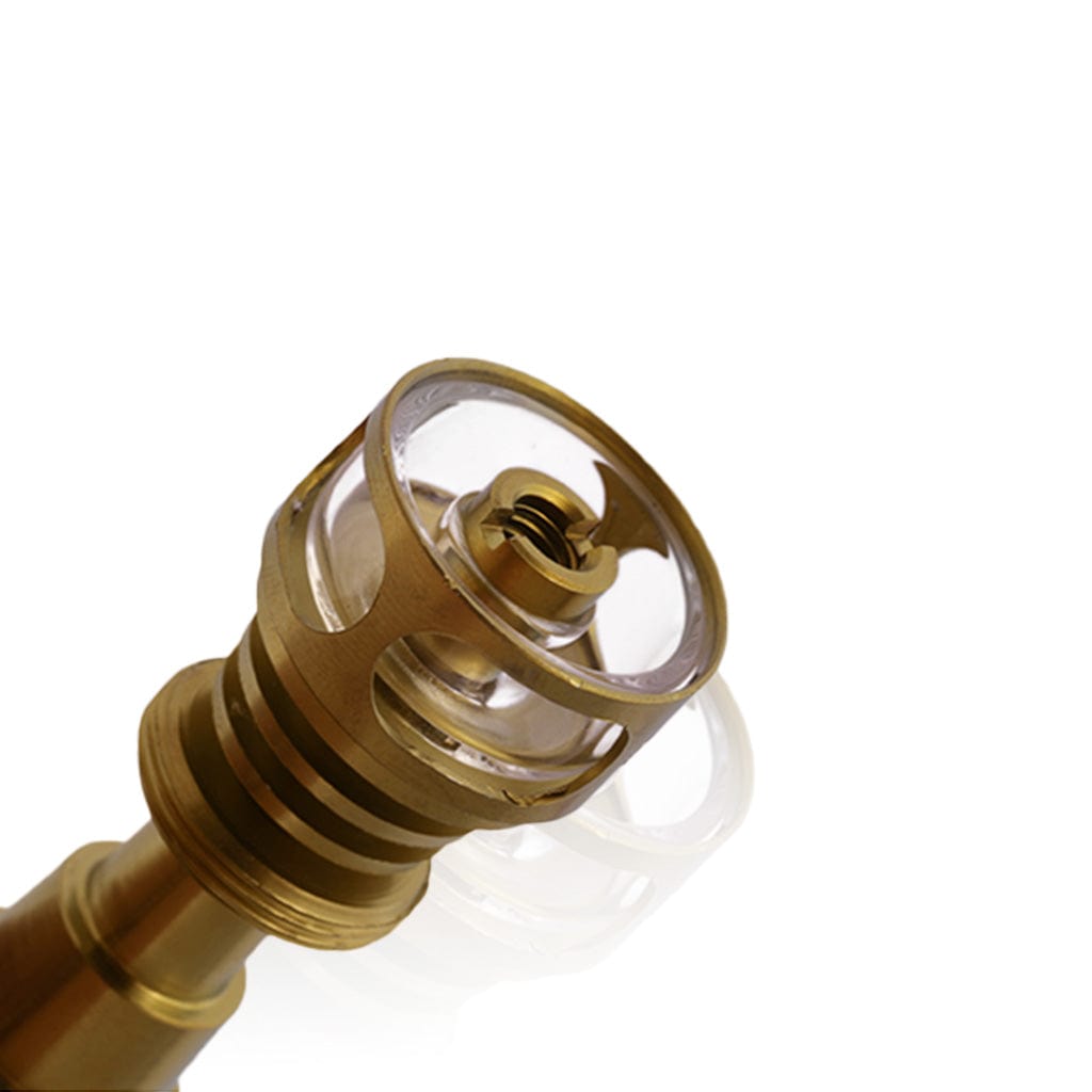 Close-up view of the Titanium 6 in 1 Cage Hybrid Dab Nail, showing its intricate cage design and metallic finish.
