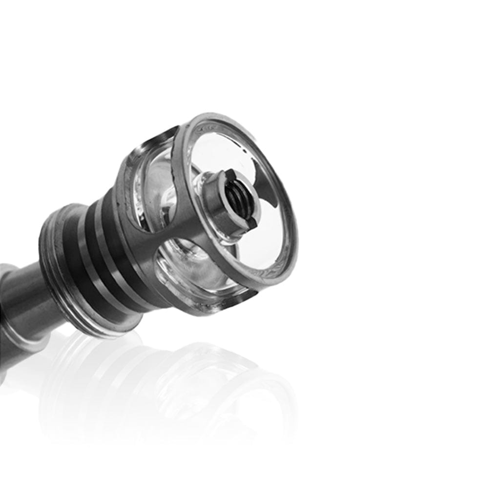 Close-up of the Titanium 6 in 1 Cage Hybrid Dab Nail, showing its intricate cage design and metallic sheen against a dark background.