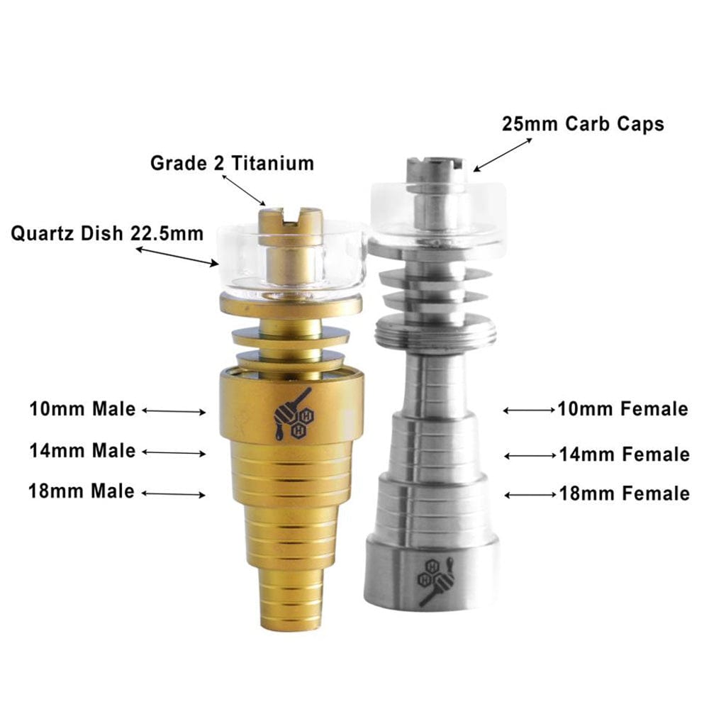 Close-up angled view of the Titanium 6 in 1 Cage Hybrid Dab Nail, displaying its metallic construction and intricate caged design.