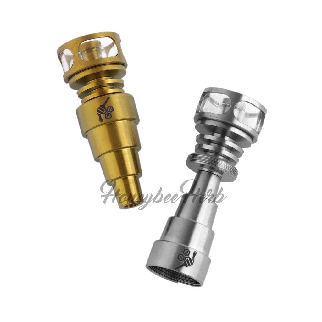 A close-up, angled view of the Titanium 6 in 1 Cage Hybrid Dab Nail, showcasing its metallic construction and intricate cage design.