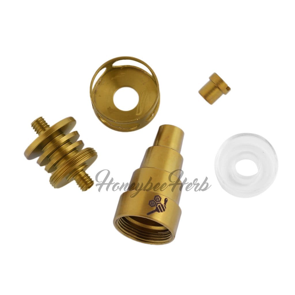 A disassembled Titanium 6 in 1 Cage Hybrid Dab Nail with multiple metal components arranged on a white background.
