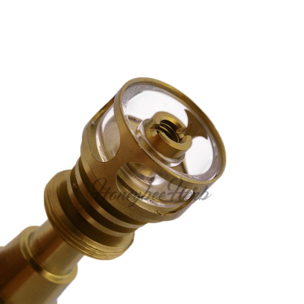 Close-up angled view of the Titanium 6 in 1 Cage Hybrid Dab Nail, showcasing its metallic cage structure and joint connection.