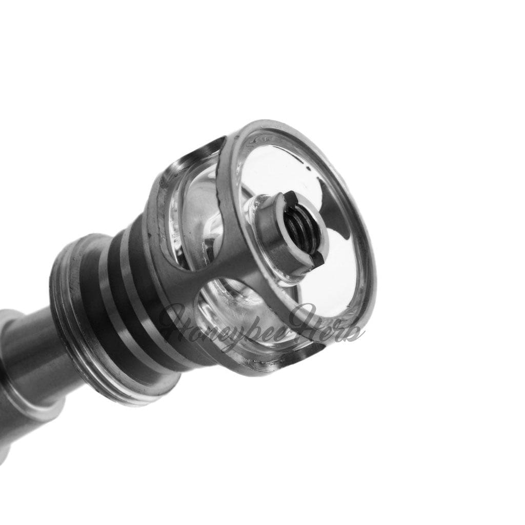 Close-up of the Titanium 6 in 1 Cage Hybrid Dab Nail, showcasing its intricate cage design and polished titanium finish.