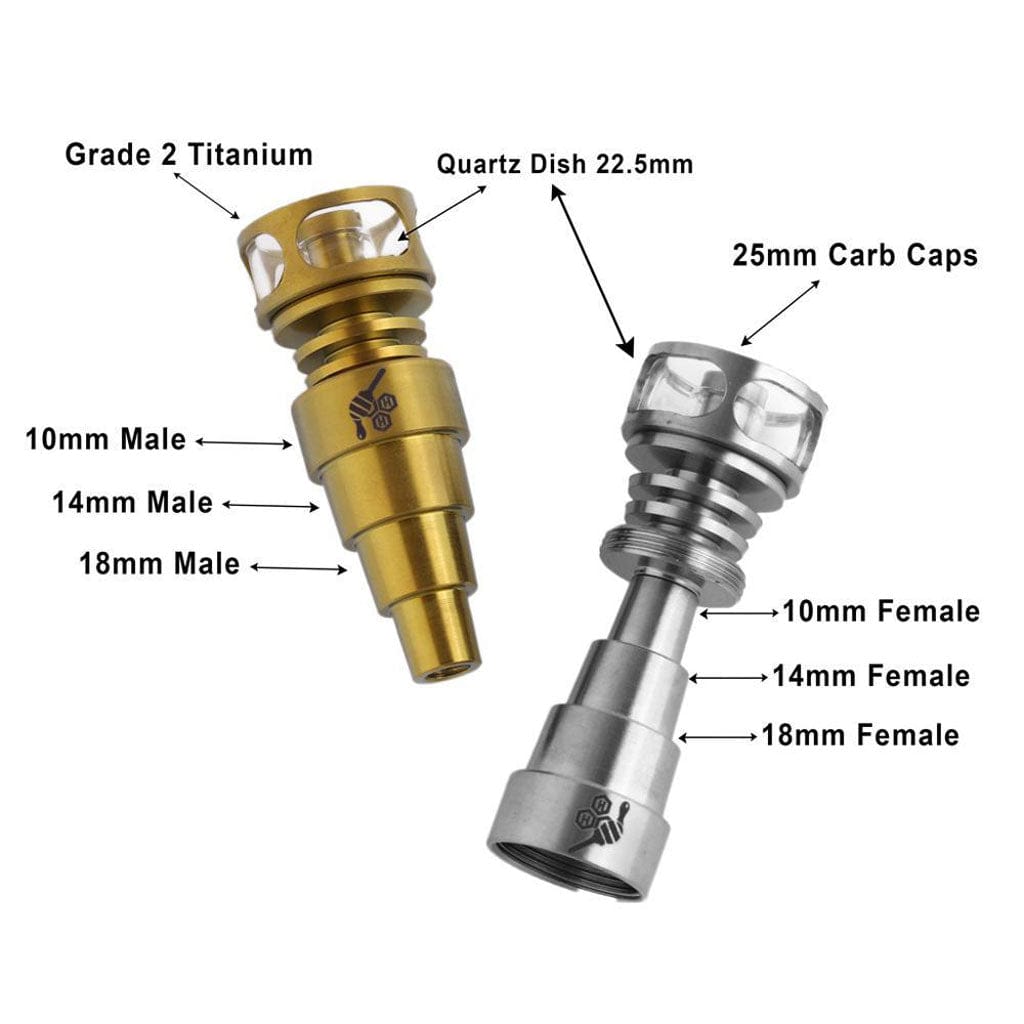 Close-up angled view of the Titanium 6 in 1 Cage Hybrid Dab Nail, showing its metallic structure and intricate cage design.