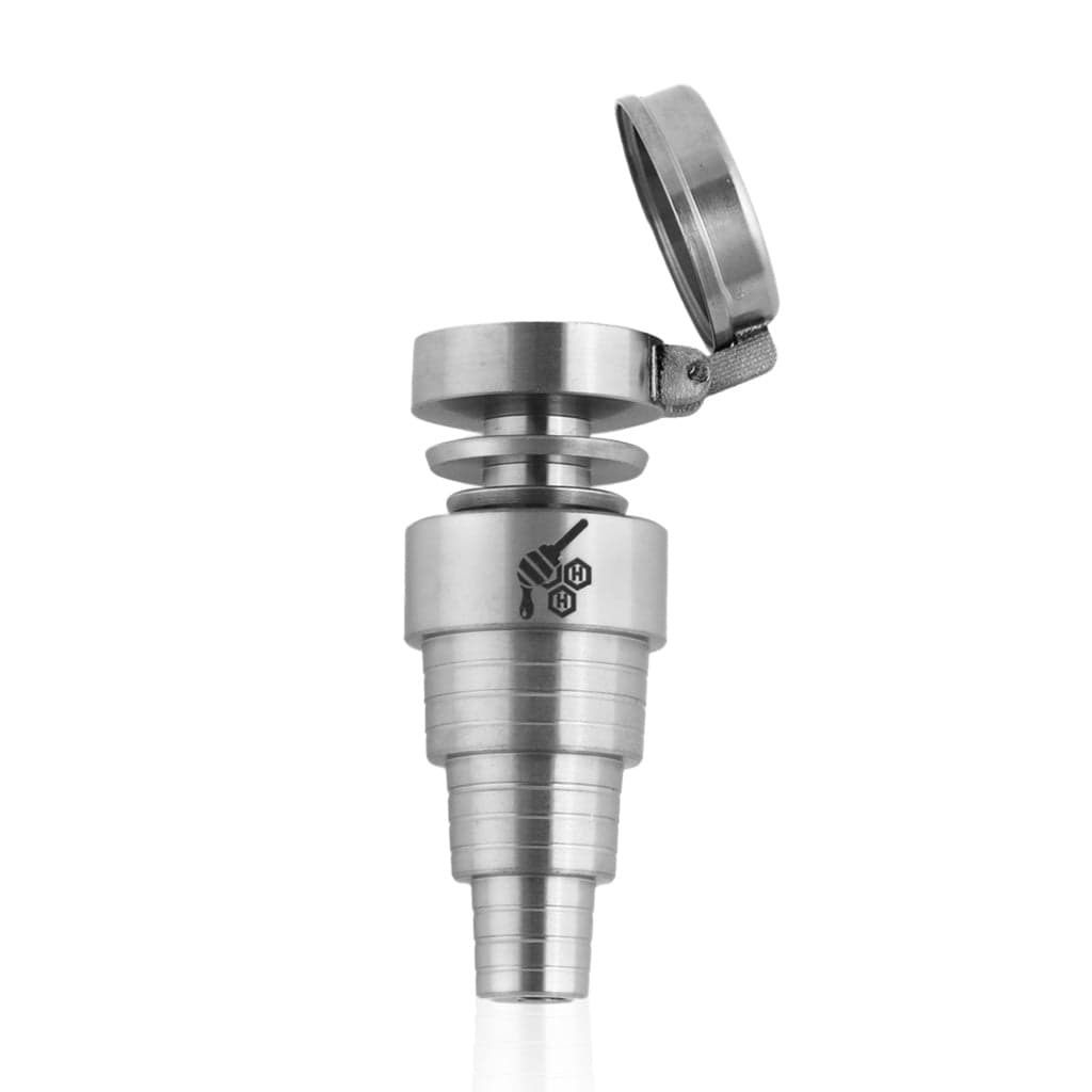 A close-up, angled view of the Titanium 6 in 1 Carb Cap Dab Nail, showcasing its metallic finish and multi-faceted design.