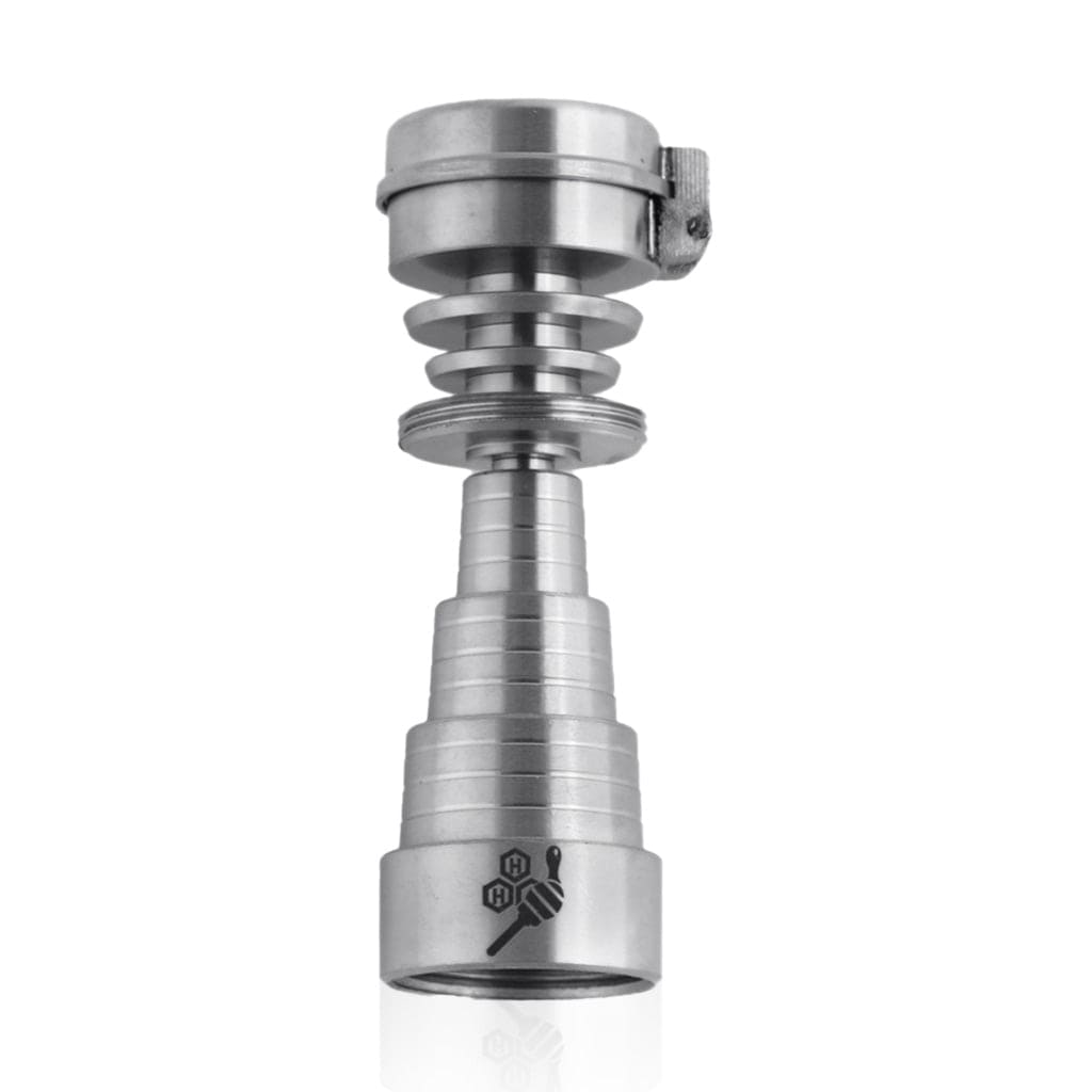 A studio shot of the Titanium 6 in 1 Carb Cap Dab Nail, showcasing its stacked, metallic design against a neutral background.