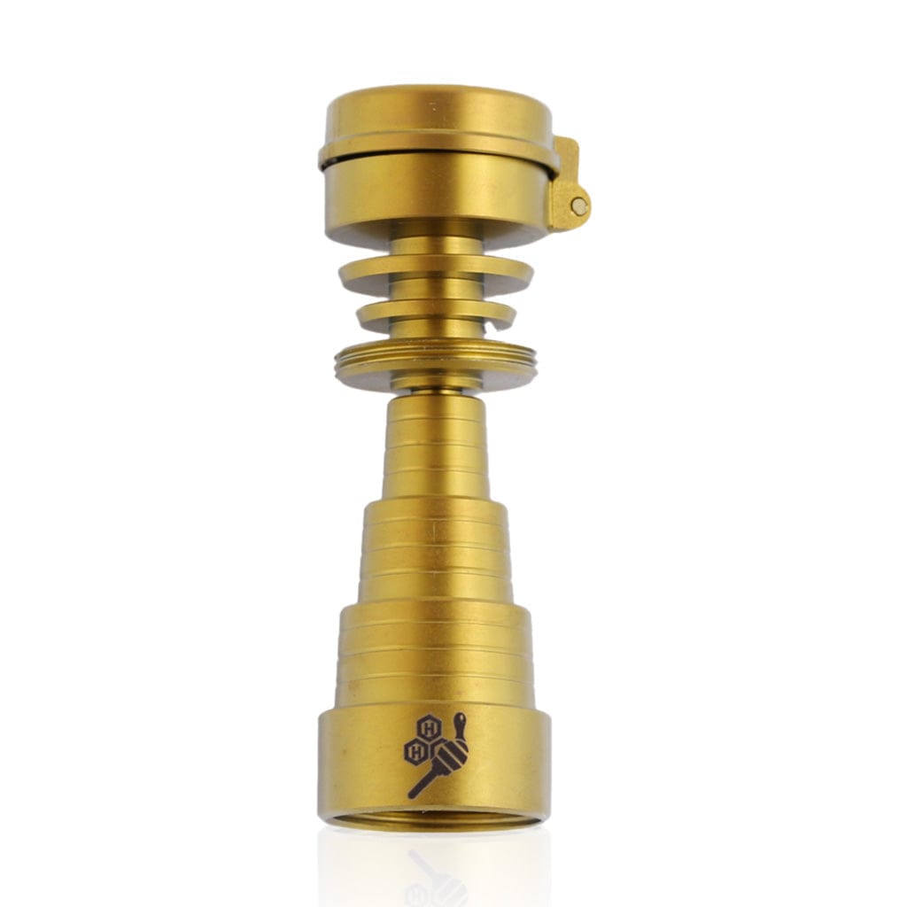 Front view of the Titanium 6 in 1 Carb Cap Dab Nail, showcasing its multi-tiered metallic structure against a plain white background.