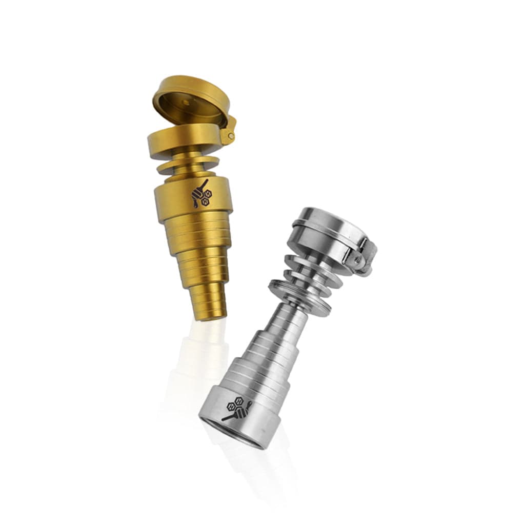 Close-up, angled view of the Titanium 6 in 1 Carb Cap Dab Nail, showcasing its metallic, multi-tiered construction against a neutral background.