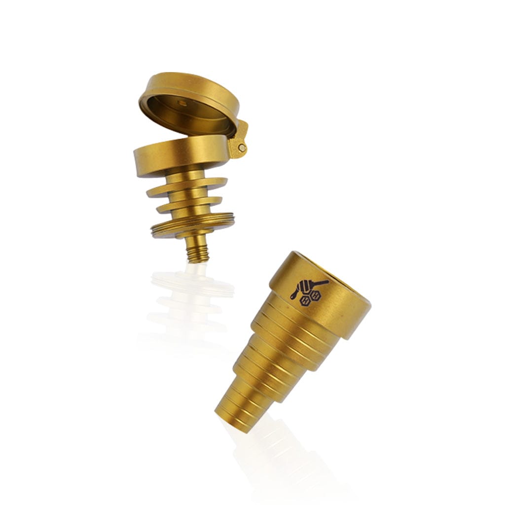 Close-up view of the Titanium 6 in 1 Carb Cap Dab Nail, showcasing its gold-tone metal construction from a slightly elevated angle.