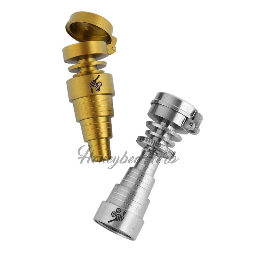 Close-up of the Titanium 6 in 1 Carb Cap Dab Nail, showcasing its metallic, multi-tiered construction against a plain white background.