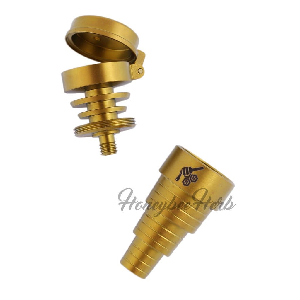 A slightly angled, close-up view of the Titanium 6 in 1 Carb Cap Dab Nail, showcasing its metallic finish and multi-tiered design.