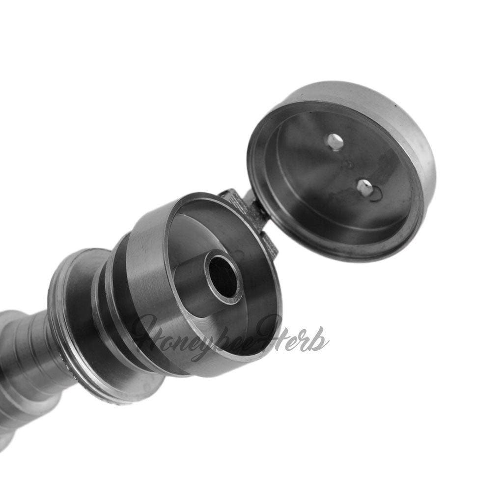 Close-up of the Titanium 6 in 1 Carb Cap Dab Nail, angled to showcase its metallic finish and compact, multi-functional design.