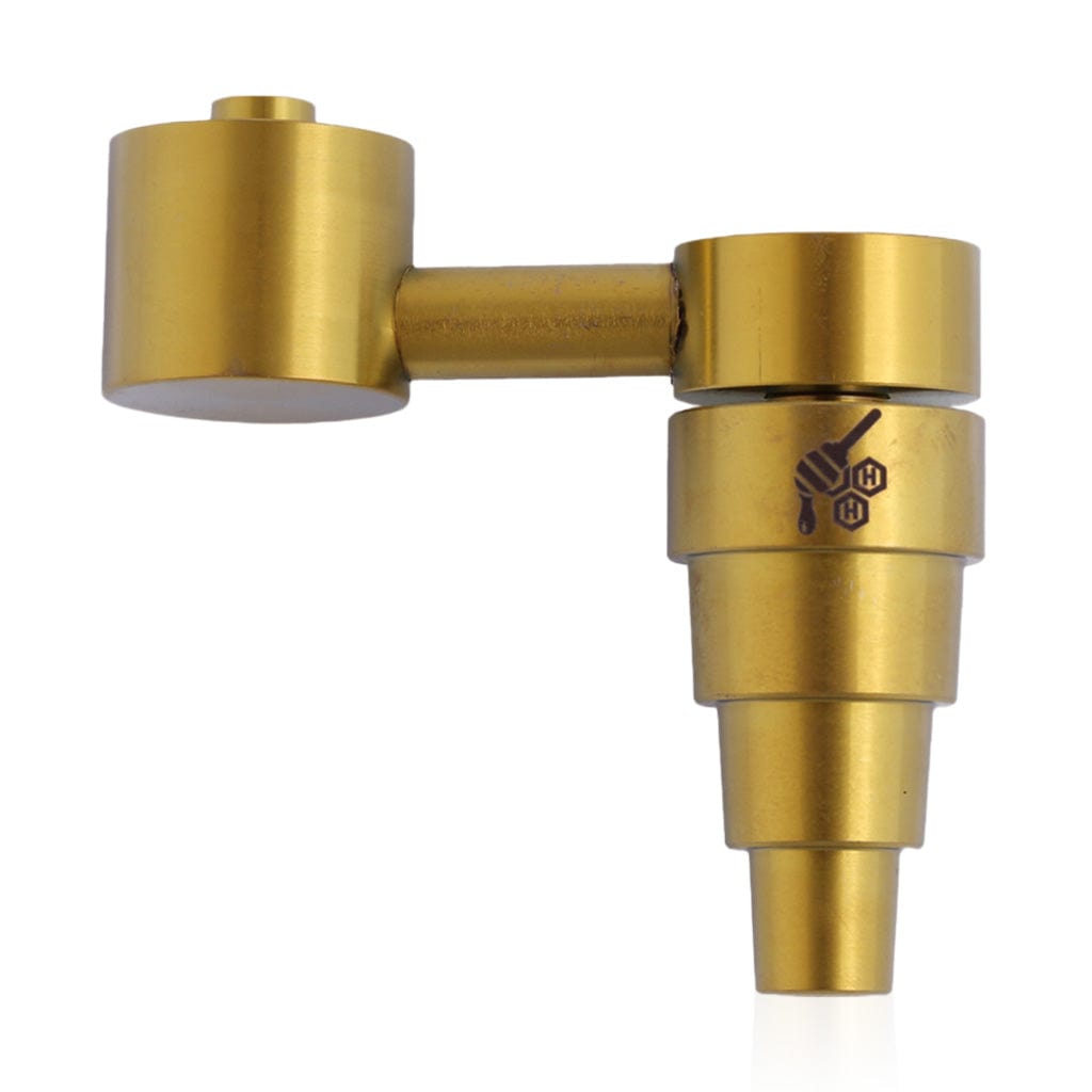 Close-up of the Titanium 6 in 1 Sidecar Dab Nail, showcasing its metallic gold finish and cylindrical, multi-tiered design.