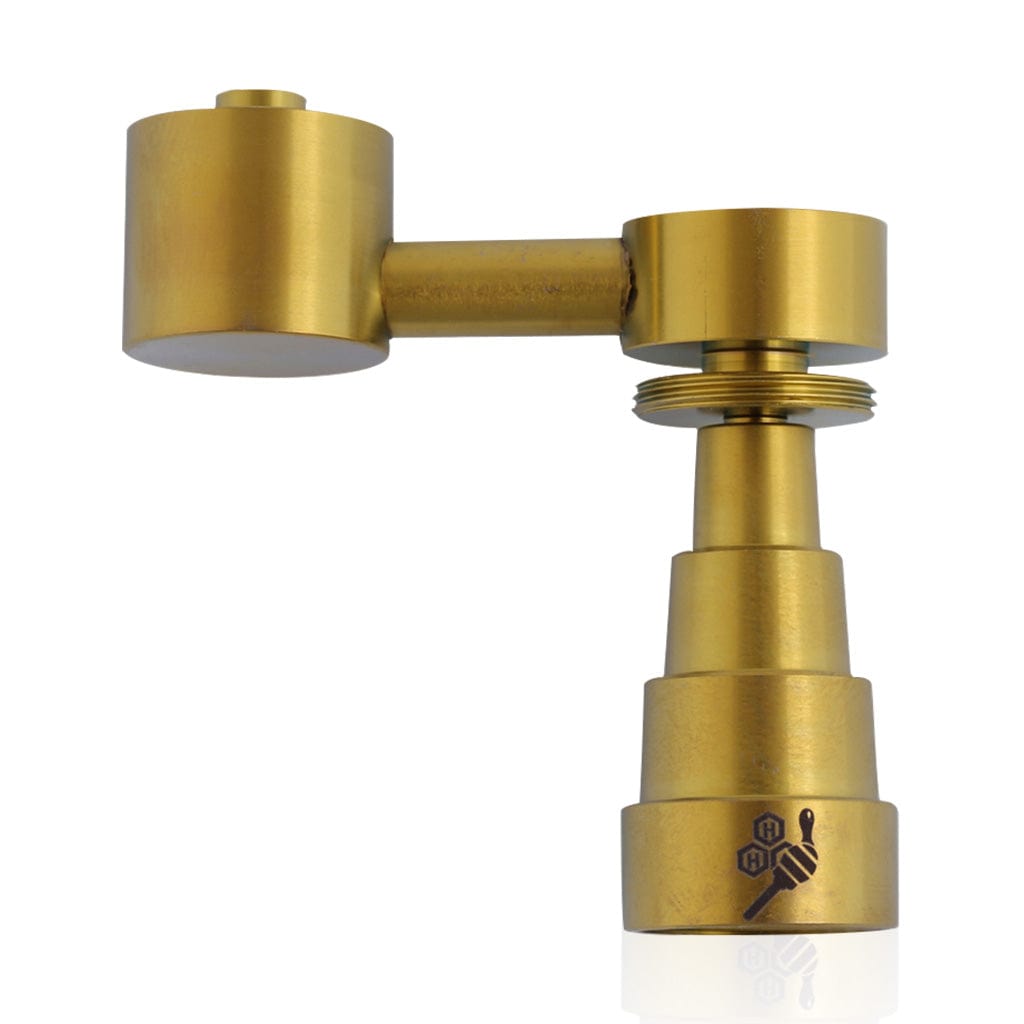 A slightly angled view of the Titanium 6 in 1 Sidecar Dab Nail, reflecting light on its metallic surface.