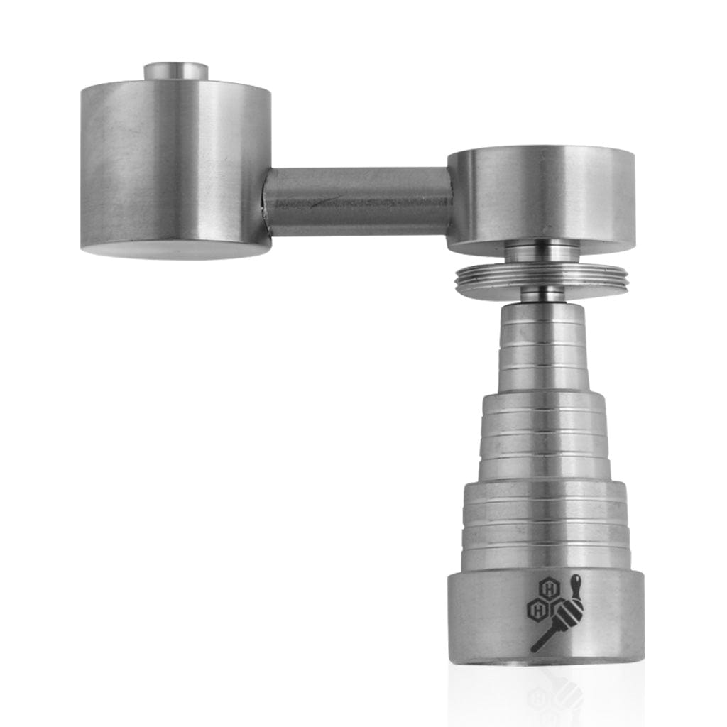 Close-up of the Titanium 6 in 1 Sidecar Dab Nail, displaying its metallic, multi-tiered construction against a plain white background.